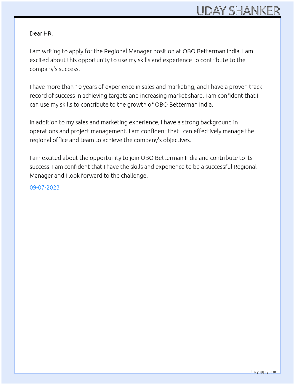 Regional Manager At OBO BETTERMAN INDIA  Cover Letter