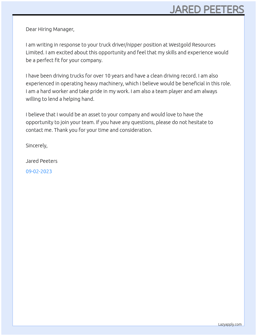 Truck Driver/Nipper At Westgold Resources Limited Cover Letter