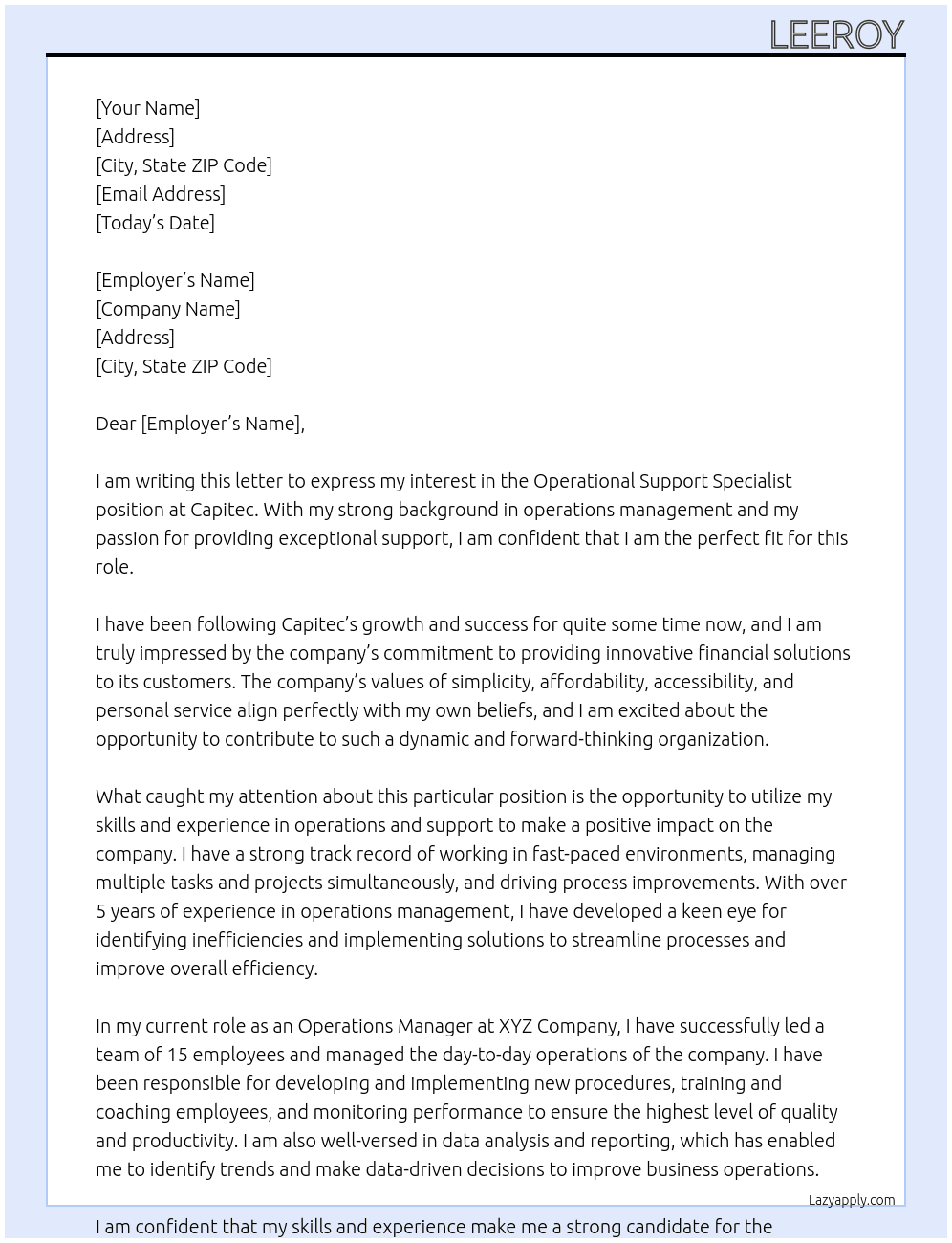 Operational Support Specialist At capitec Cover Letter