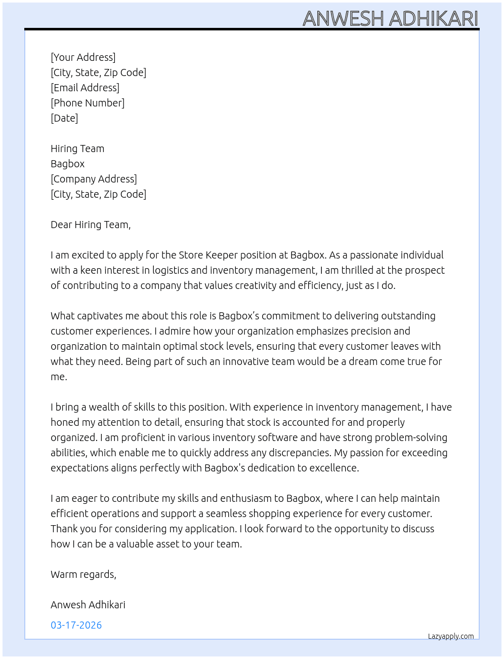 Store kepper At Bagbox Cover Letter