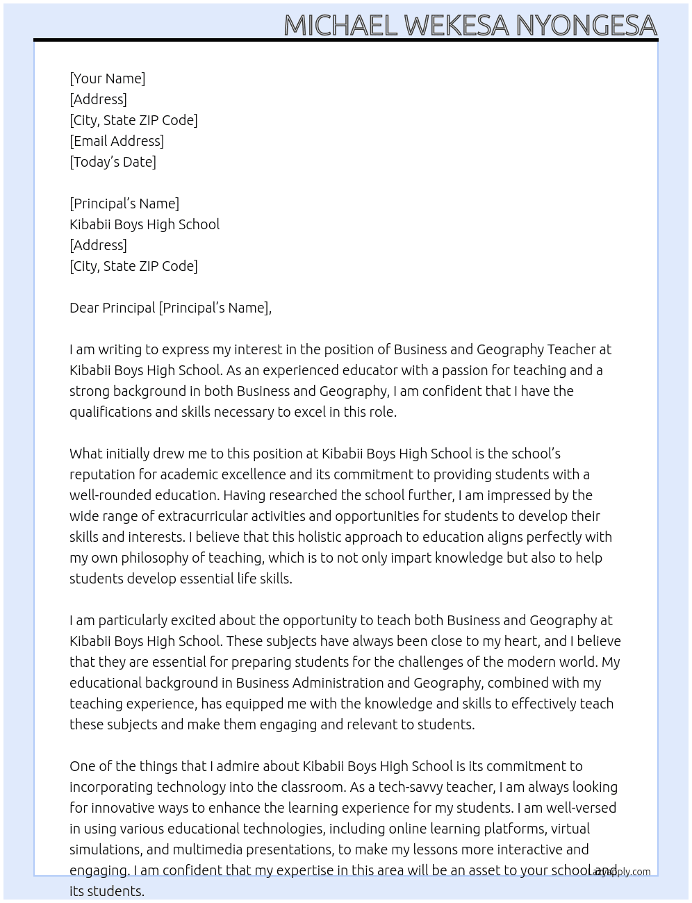 Business and Geography Teacher At Kibabii Boys High School Cover Letter