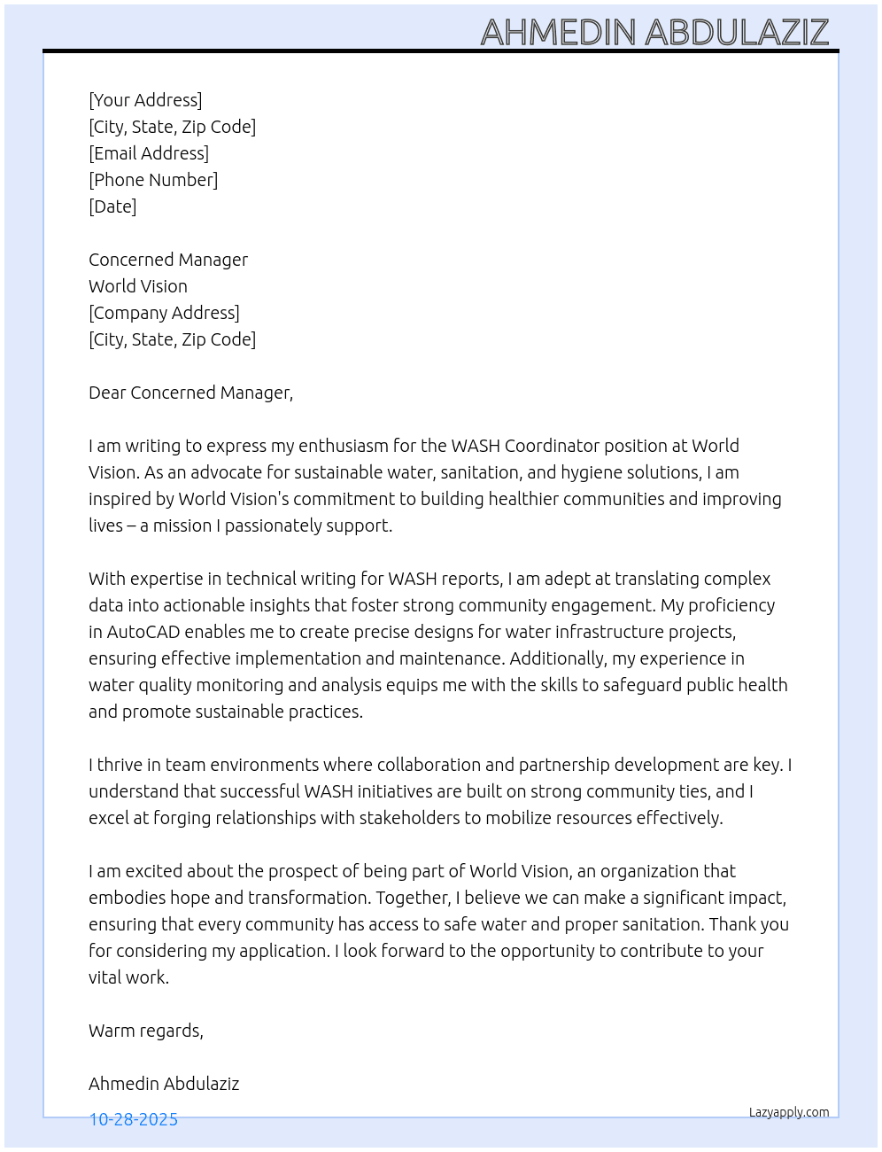 WASH Coordinator  At World Vision Cover Letter