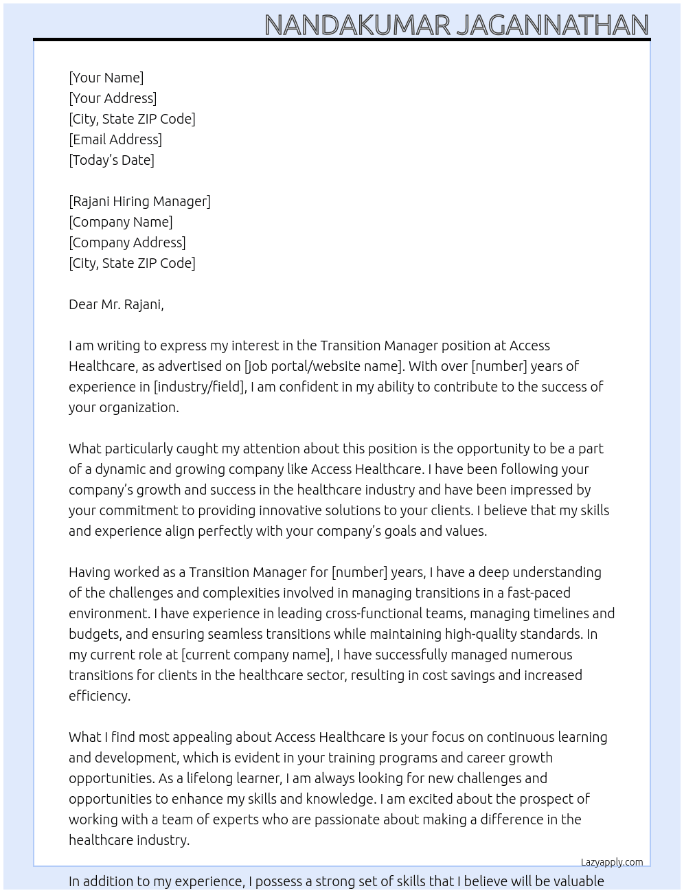 transition m At Access Healthcare Cover Letter