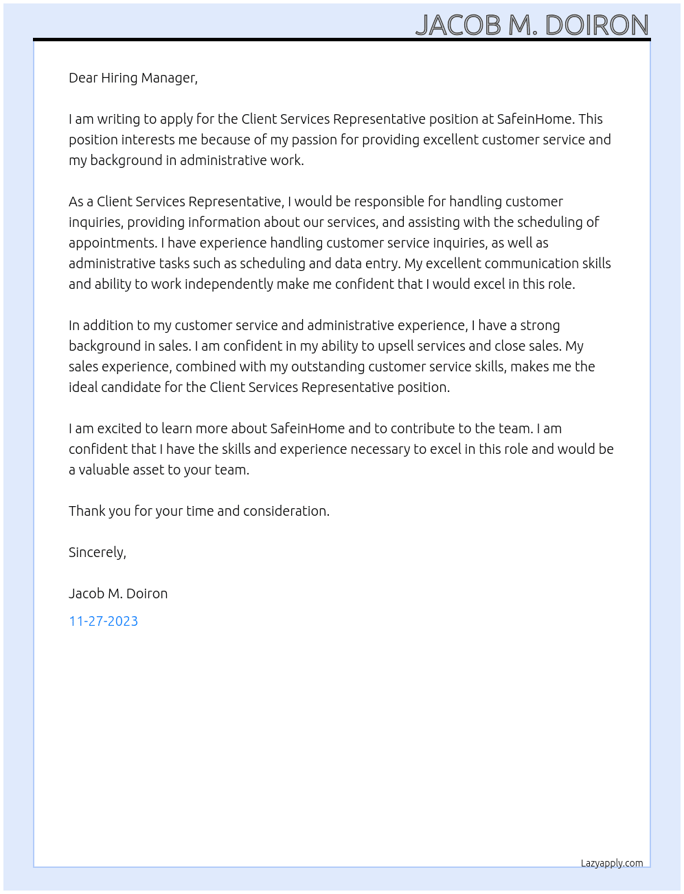 Client Services Representative At SafeinHome  Cover Letter