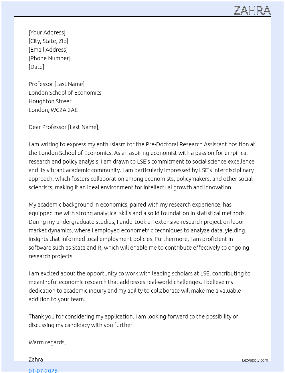 Cover letter for pre doc in economics - LazyApply
