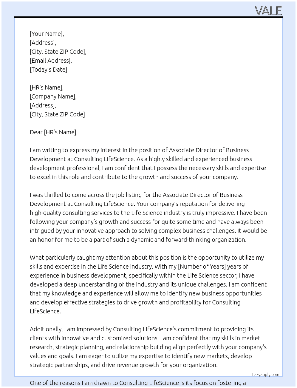 Associate Director Business Development At Consuting LifeScience Cover Letter