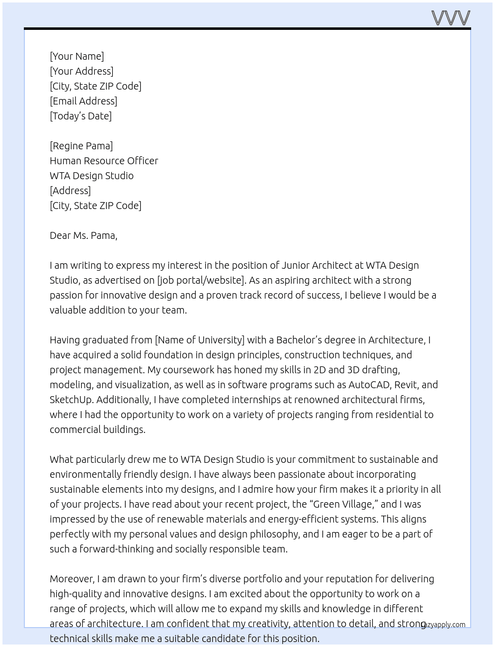 Junior Architect At WTA Design Studio Cover Letter