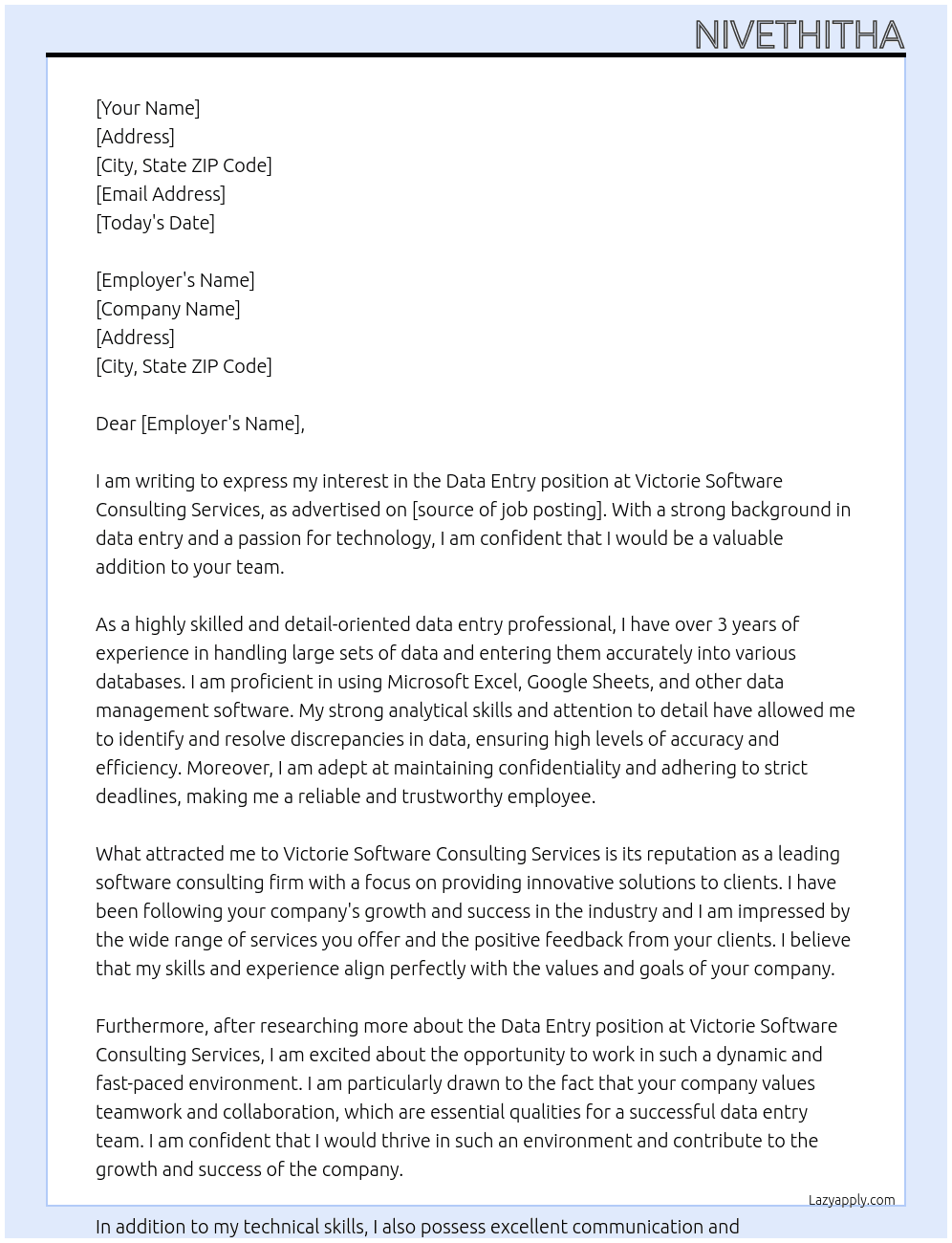 Data entry  At Victorie Software  Consulting Services Cover Letter