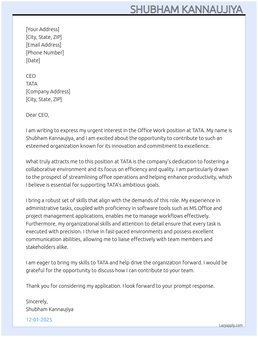 Office work  At TATA  Cover Letter