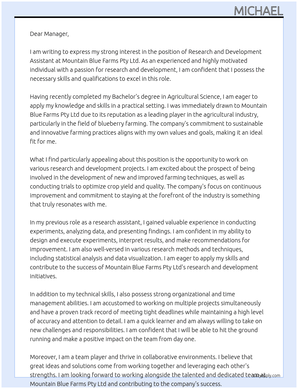 Research and Development Assistant At Mountain Blue Farms Pty Ltd Cover Letter