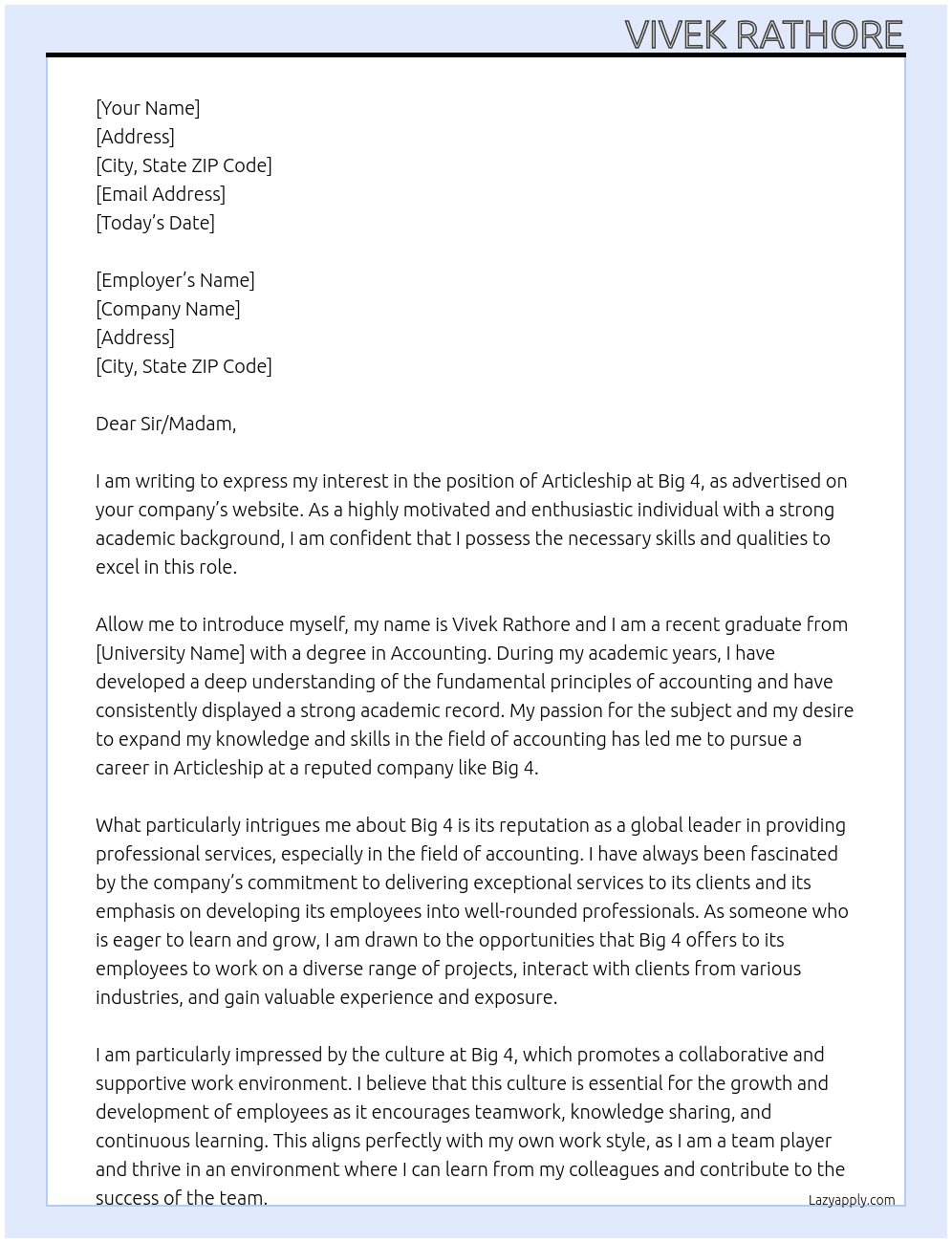 Articleship At Big 4 Cover Letter