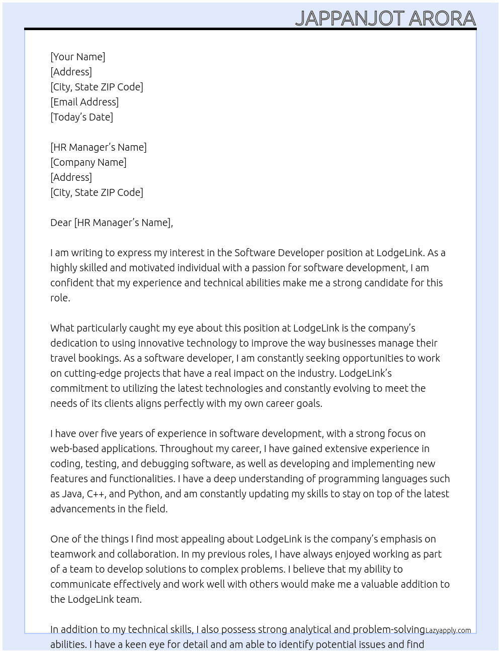 Software Developer At LodgeLink Cover Letter