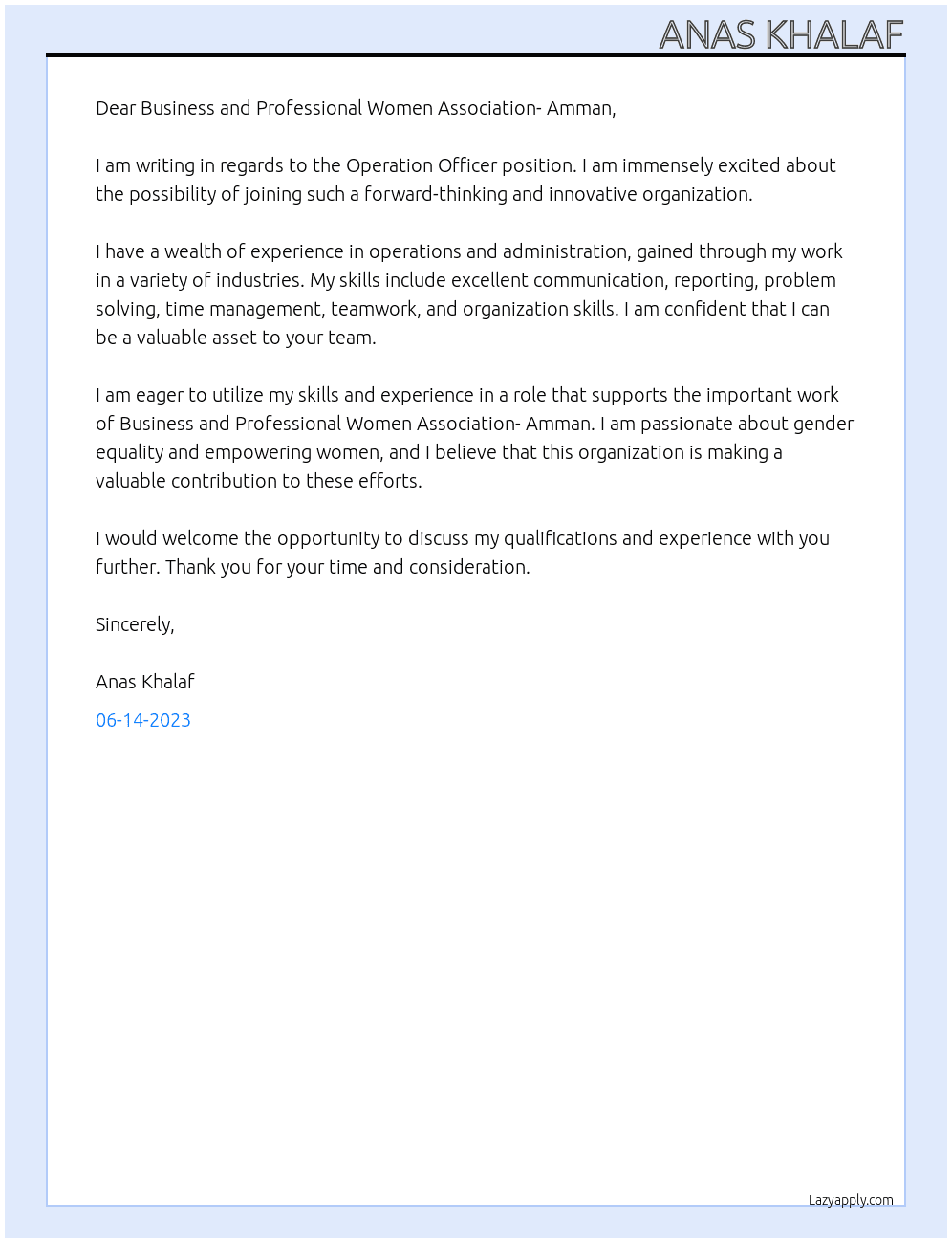 Operation Officer At Business and Professional Women Association- Amman Cover Letter