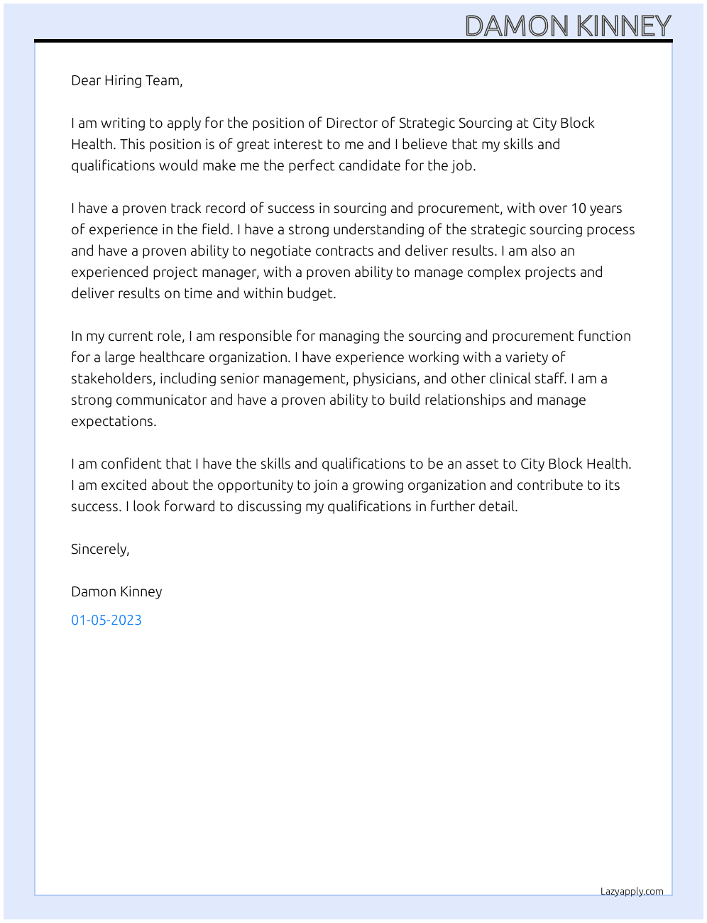 Director Strategic Sourcing At City Block Health Cover Letter