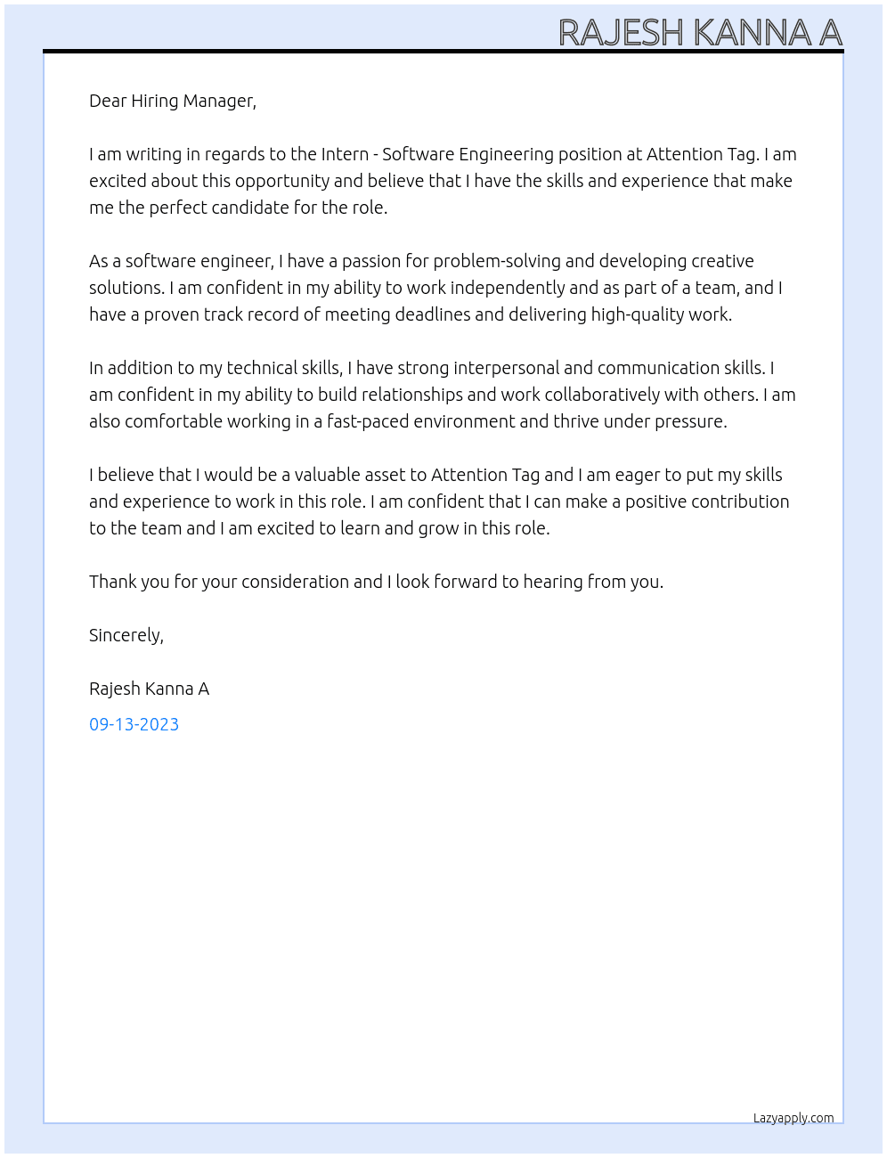 Intern - Software Engineering At Attention Tag Cover Letter