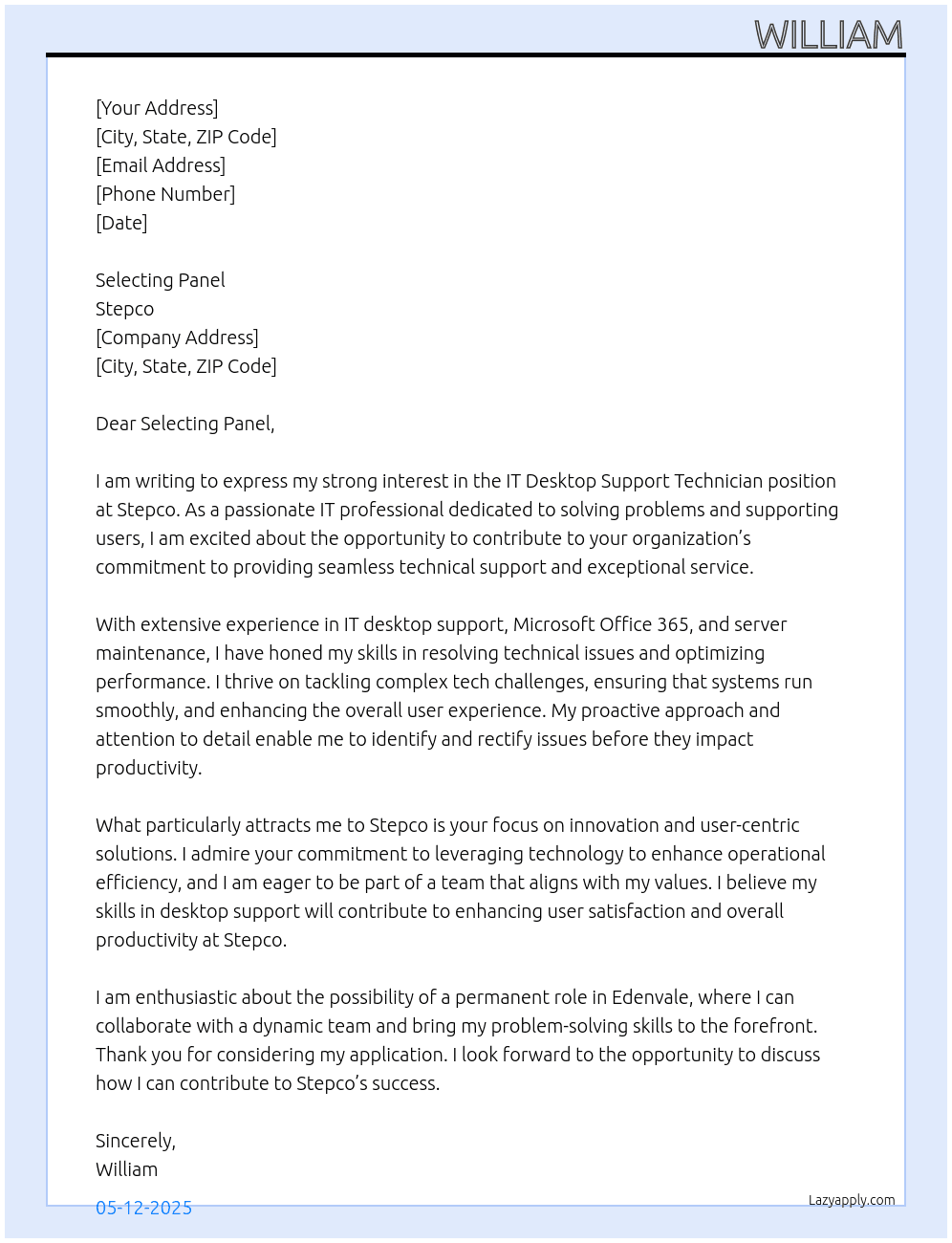 IT Desktop Support  Technician  At Stepco Cover Letter