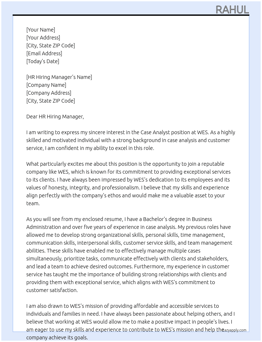 Case Analyst At WES Cover Letter