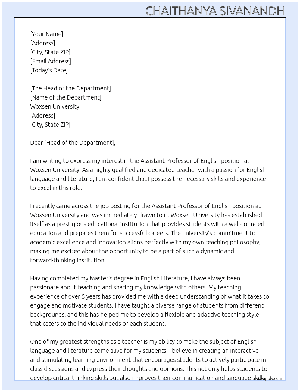 Assistant professor of English  At Woxsen University  Cover Letter