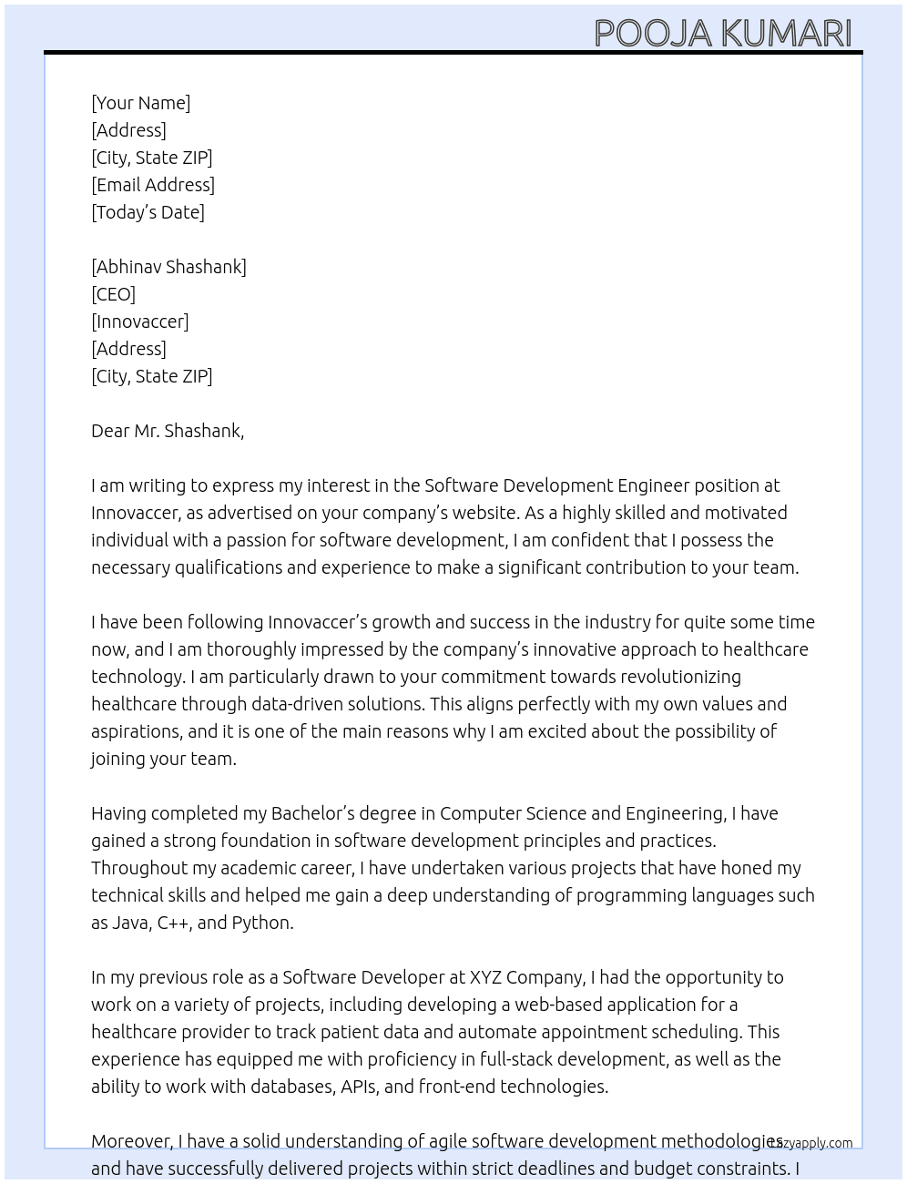 Software development Engineer  At Innovaccer Cover Letter