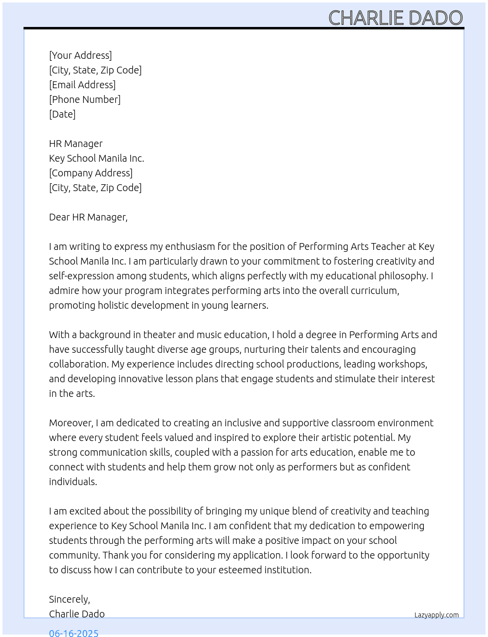 PERFORMING ARTS TEACHER At KEY SCHOOL MANILA INC. Cover Letter