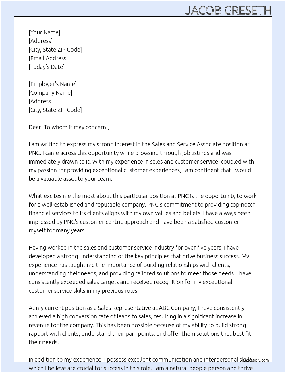 Sales and Service Associate At PNC Cover Letter