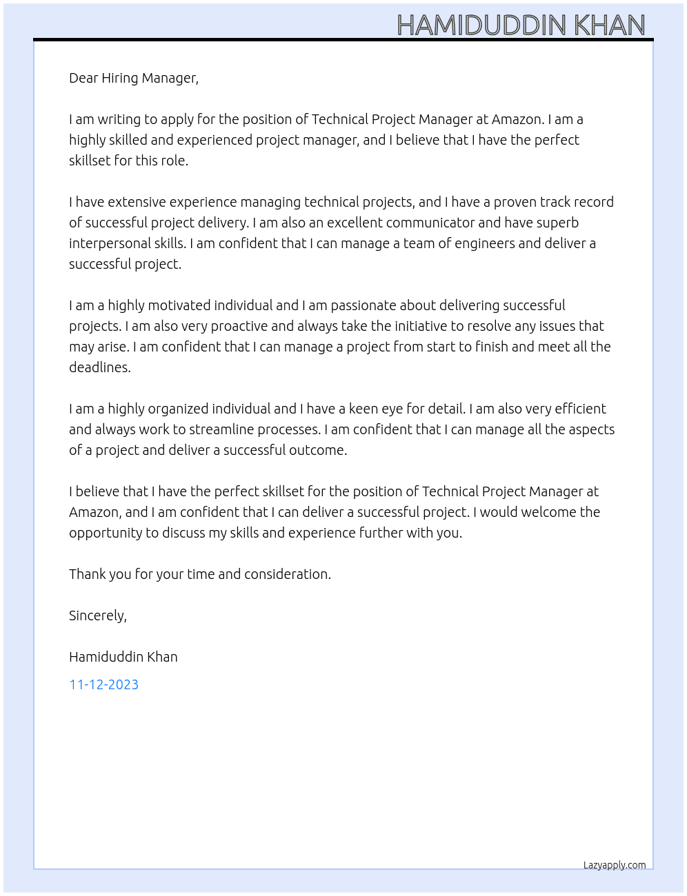 Technical Project Manager  At Amazon  Cover Letter