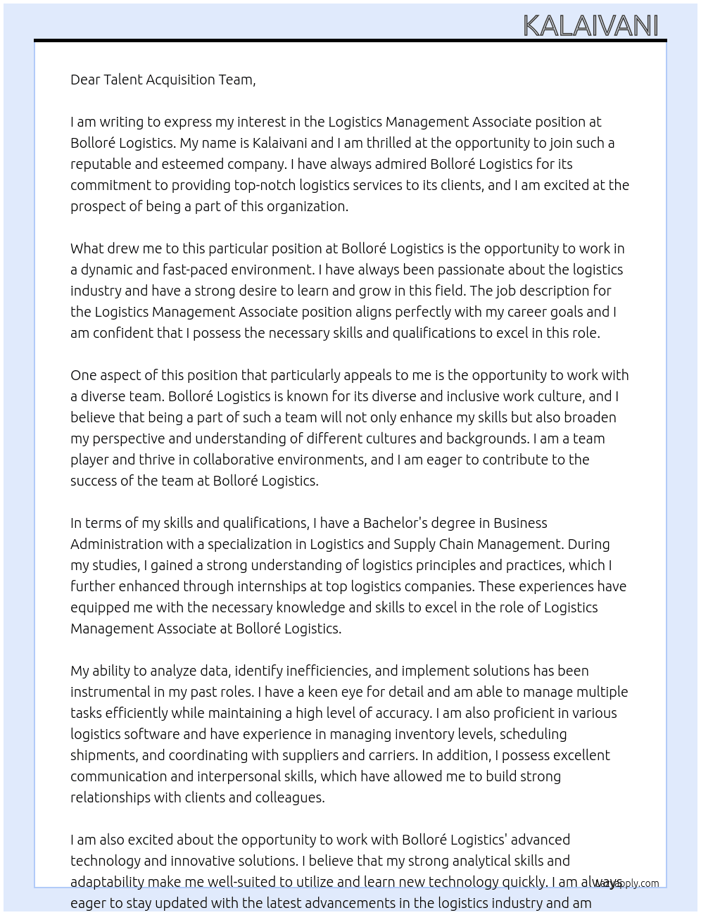 Logistics management associate  At Bolloré logistics  Cover Letter