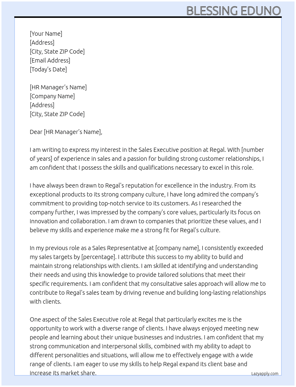 sales executive At Regal Cover Letter
