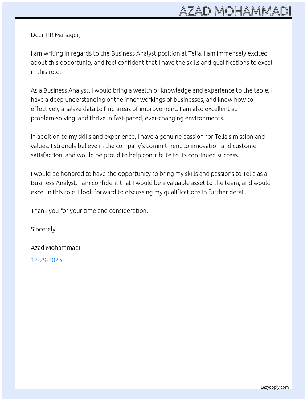 Business Analyst At Telia Cover Letter