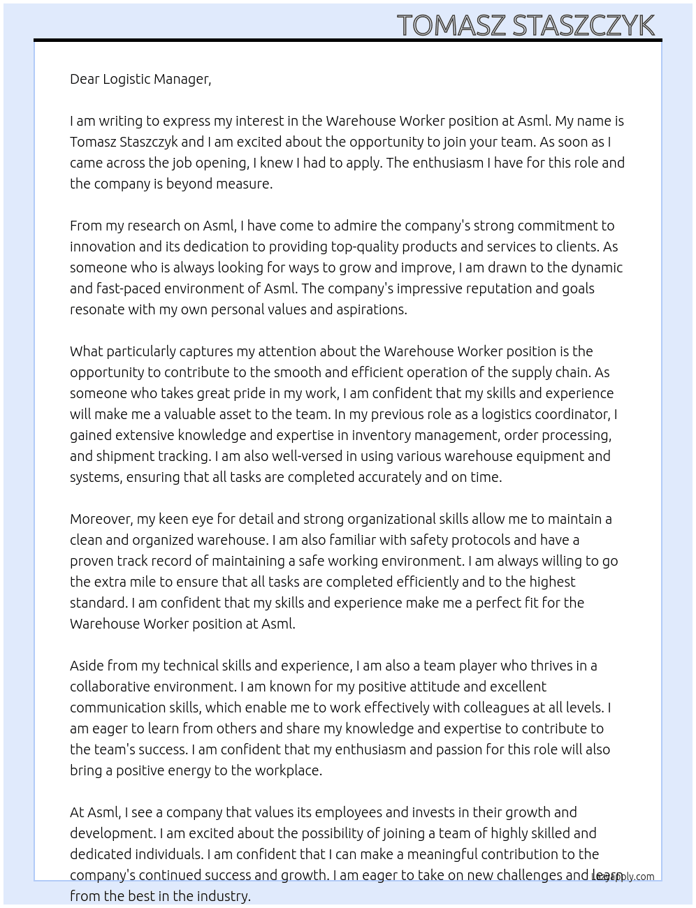 Wearhouse worker At Asml  Cover Letter