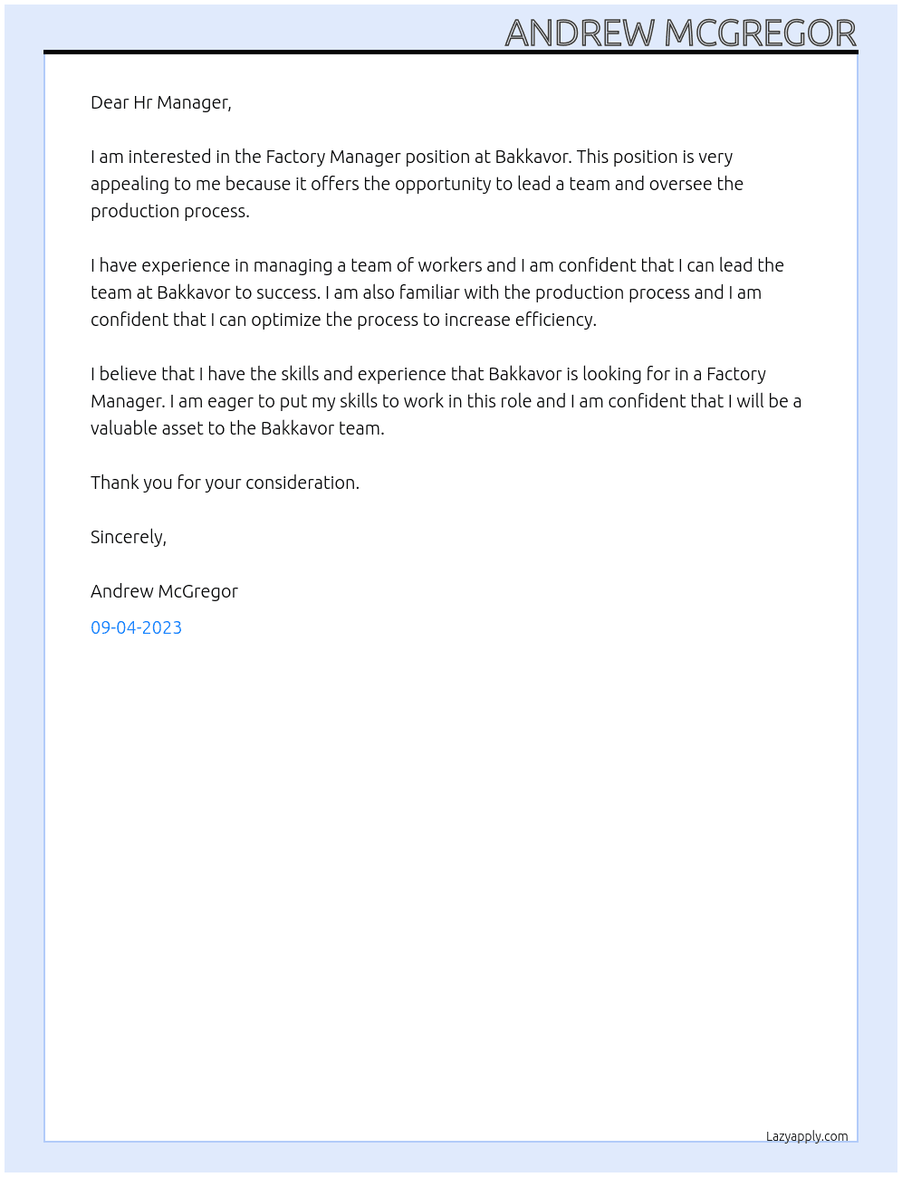 Factory Manager At Bakkavor Cover Letter