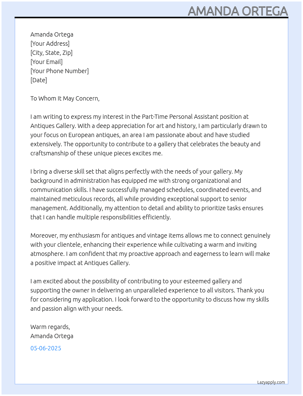 Part Time Personal Assistant to Owner, European Antiques Gallery At antiques gallery Cover Letter