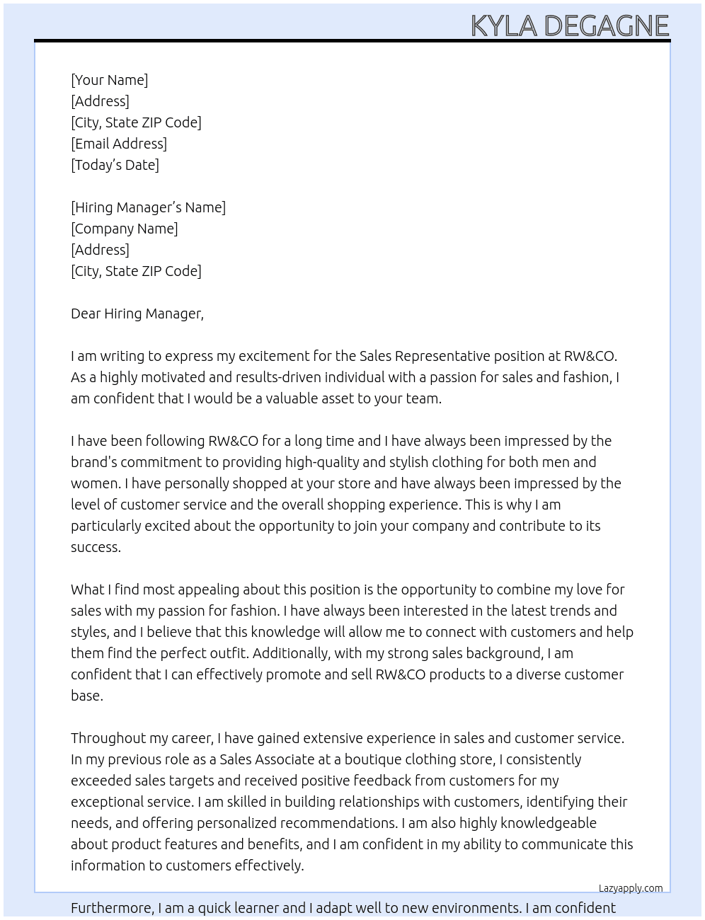 Sales Representative At RW&CO Cover Letter