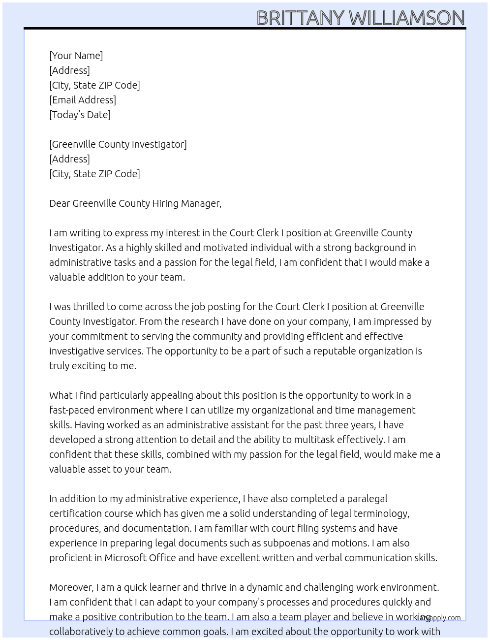 Court Clerk I At Greenville County Investigator Cover Letter
