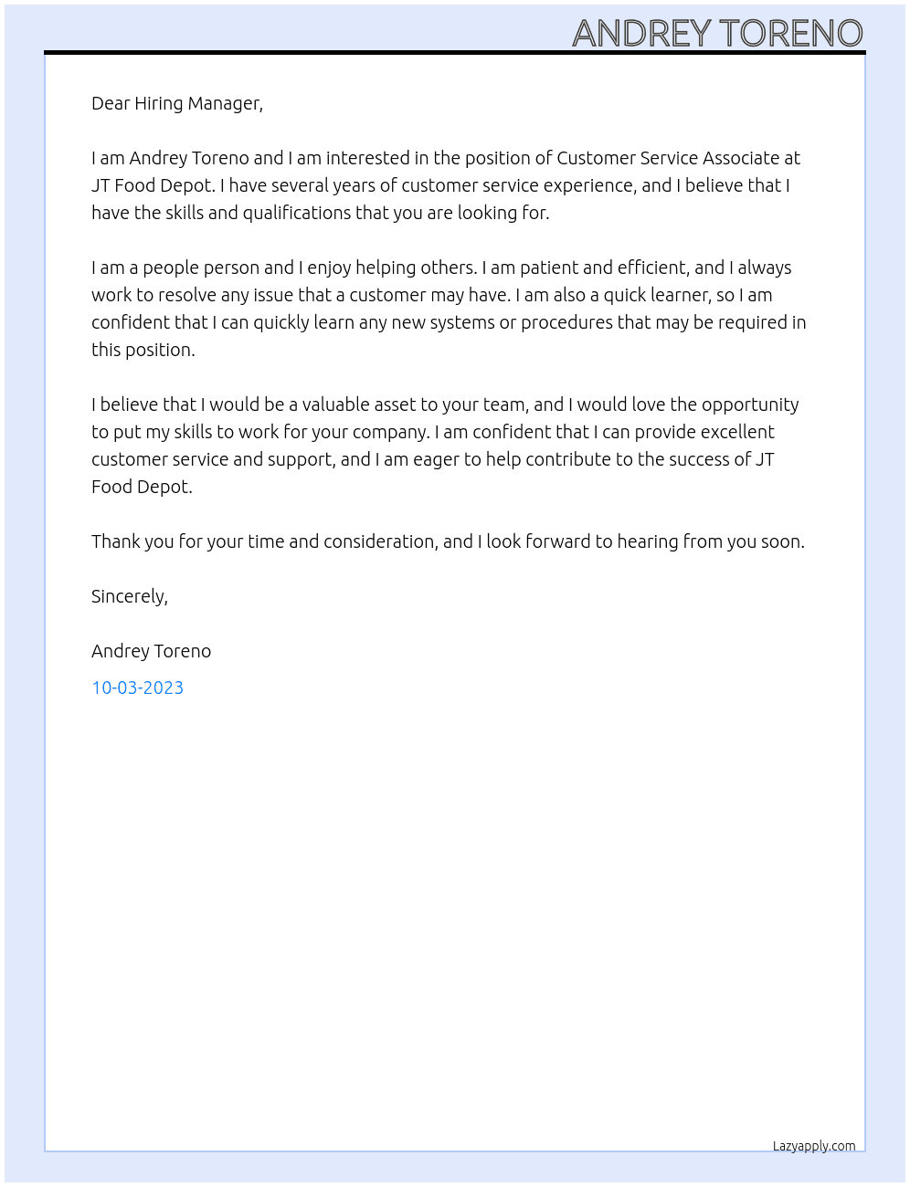 Customer Service Associate At JT FOOD DEPOT Cover Letter