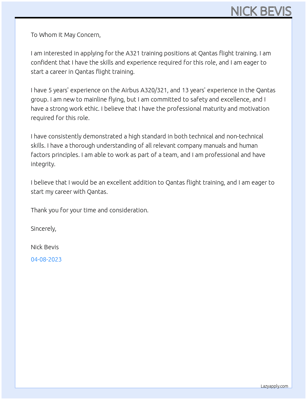 A321 training positions  At Qantas flight training  Cover Letter
