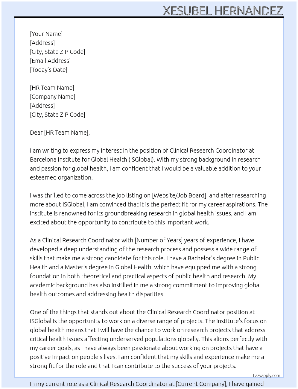 Clinical Research Coordinator  At Barcelona Institute for Global Health (ISGlobal) Cover Letter