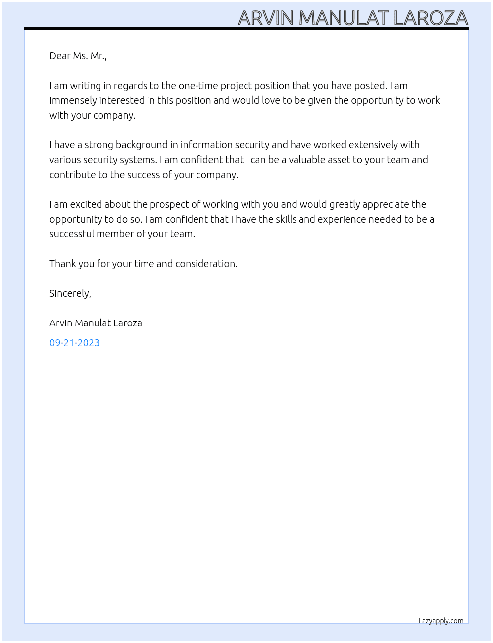One-time project At information Security  Cover Letter