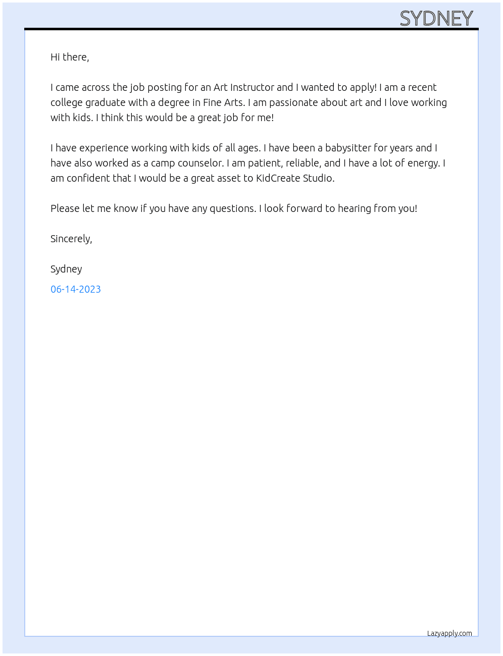 Art Instructor At KidCreate Studio Cover Letter