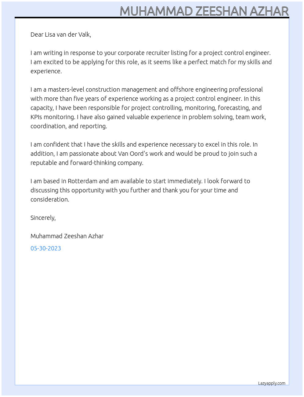 Project Control Engineer At Van Oord Cover Letter