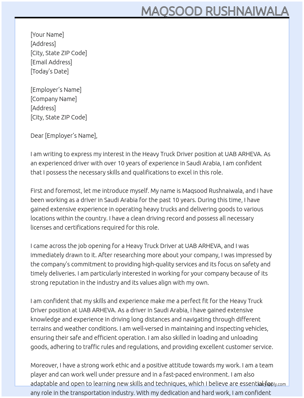 Heavy truck driver  At UAB ARHEVA Cover Letter