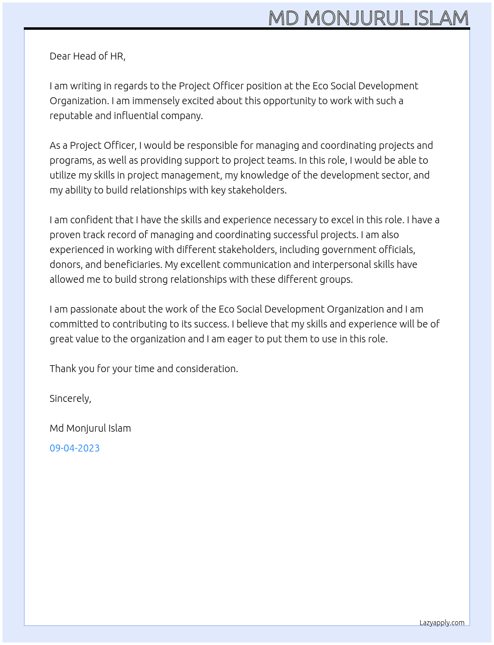 Project Officer  At Eco Social Development Organization Cover Letter