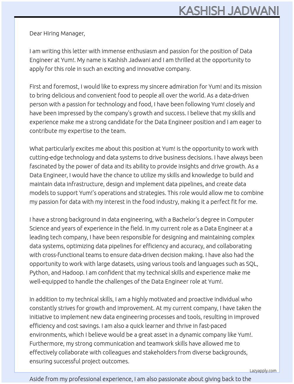 Data Engineer At Yum! Cover Letter