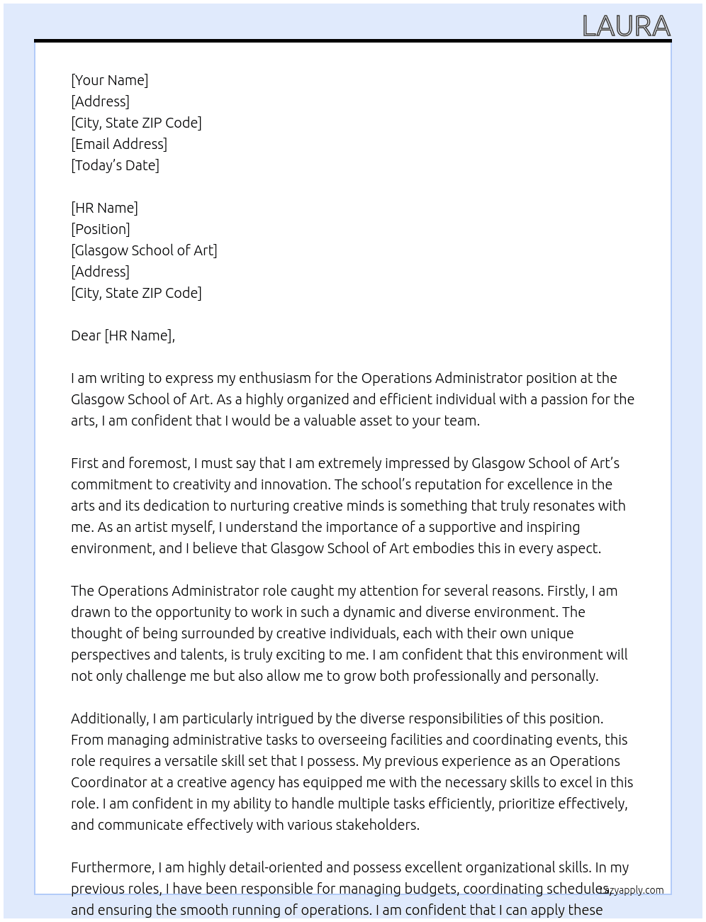 Operations Administrator At Glasgow School of Art Cover Letter