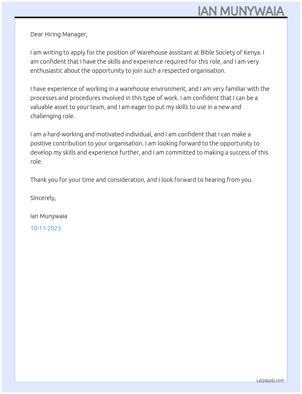Warehouse assistant  At Bible society of Kenya Cover Letter