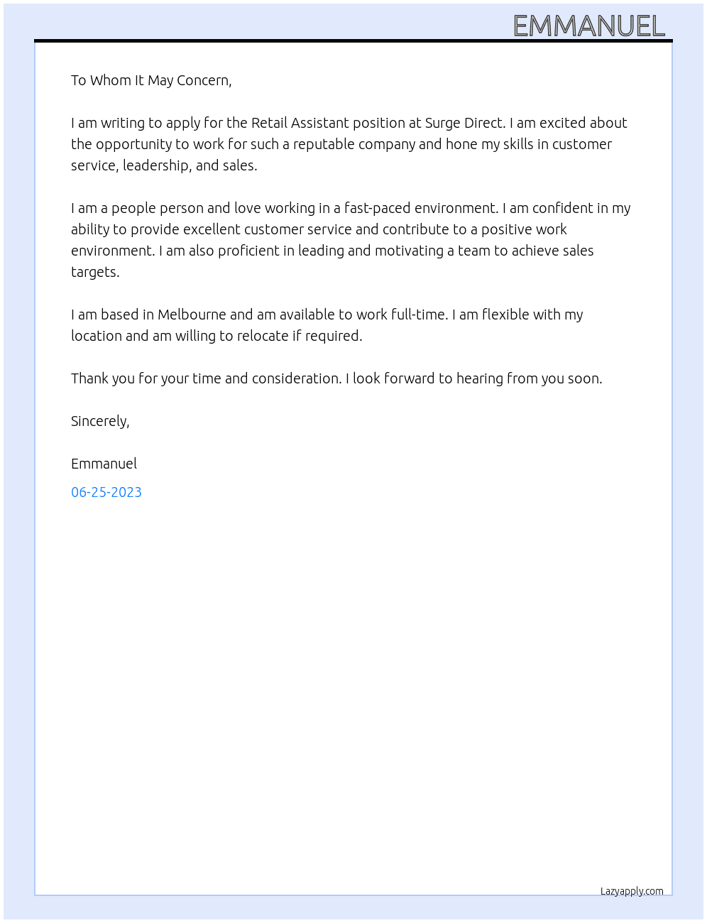 Retail assistant At Surge direct Cover Letter