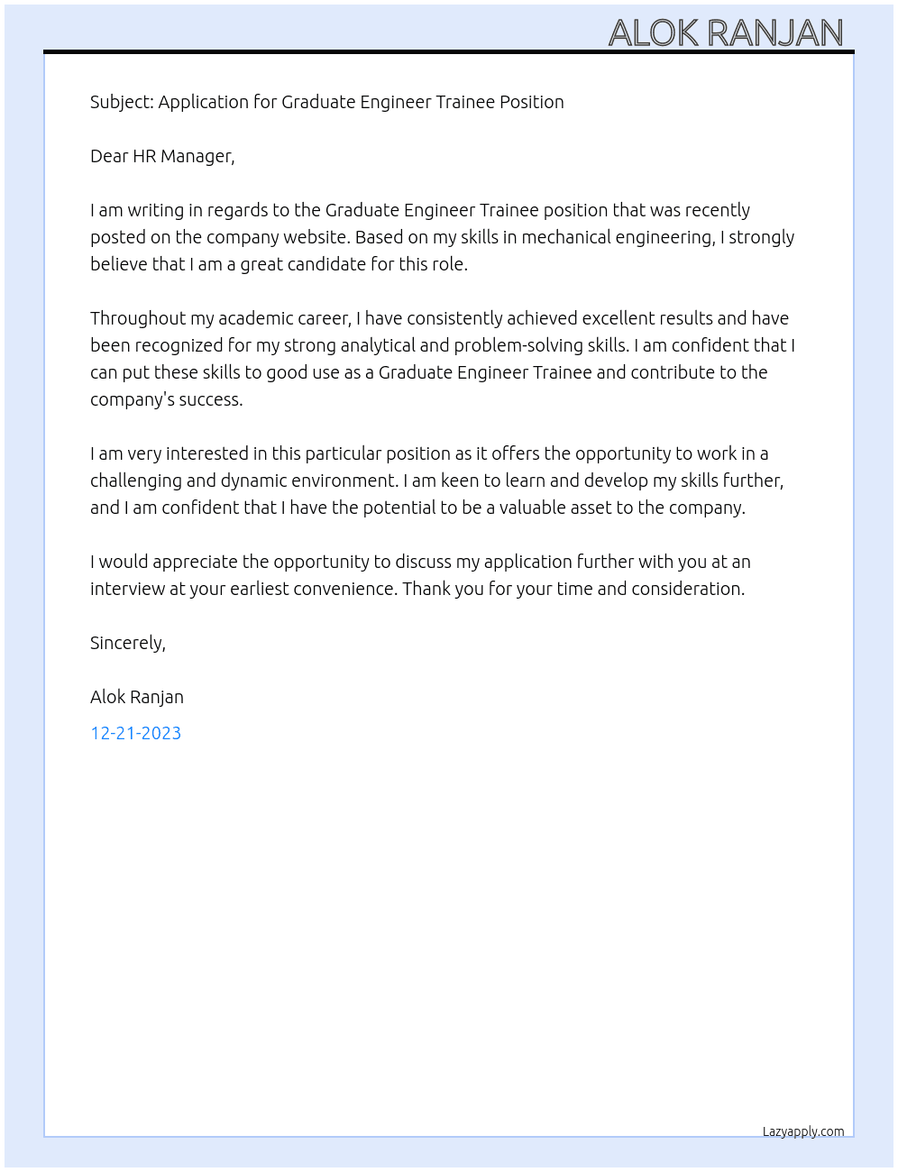 Graduate Engineer Trainee  At L& T  Cover Letter