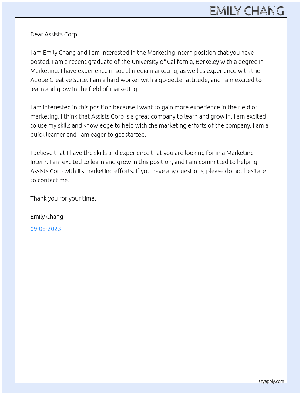 Marketing Intern At Assists Corp Cover Letter