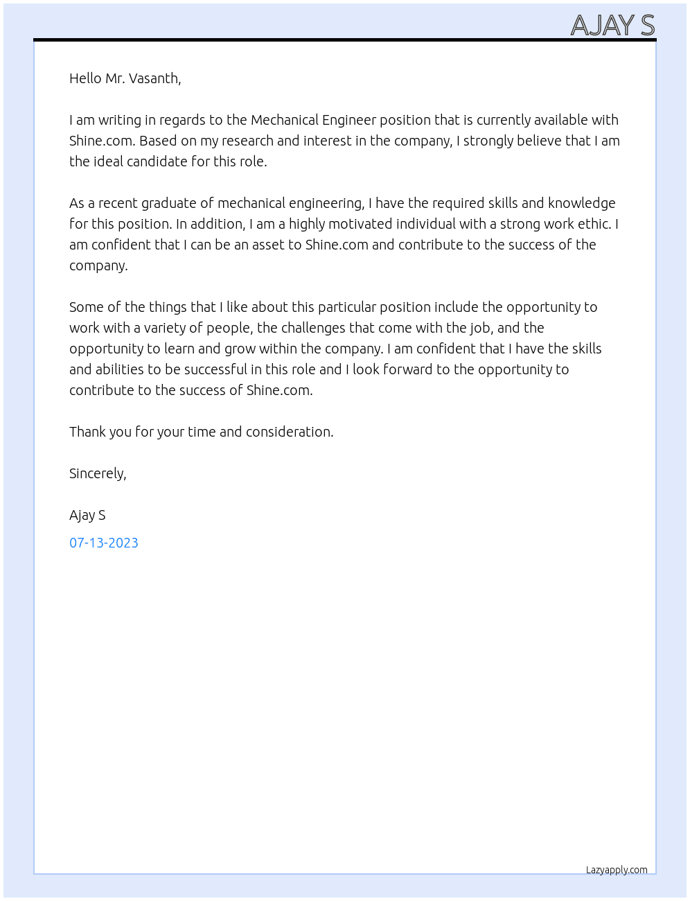 Mechanical engineer fresher  At Shine.com Cover Letter