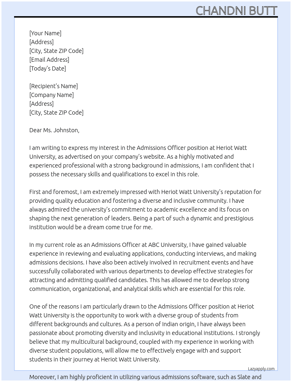 Admissions Officer At Heriot Watt University Cover Letter